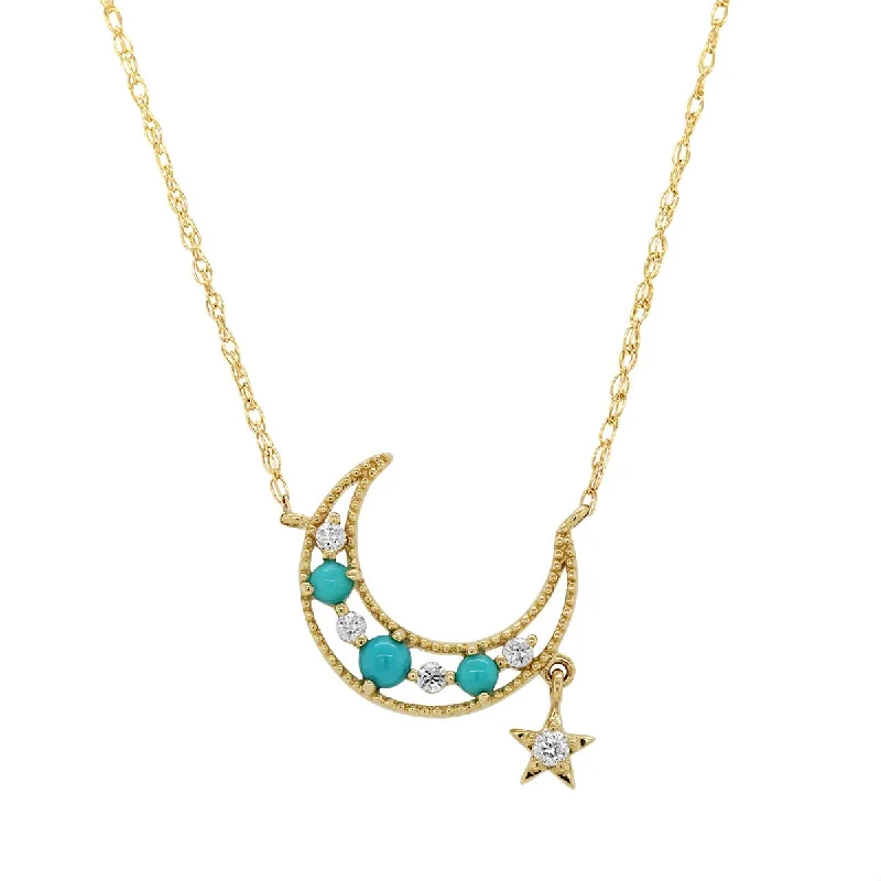 diamond pendant necklaces for women-YELLOW GOLD MOON AND STAR PENDANT WITH TURQUOISE AND DIAMONDS, .08 CT TW