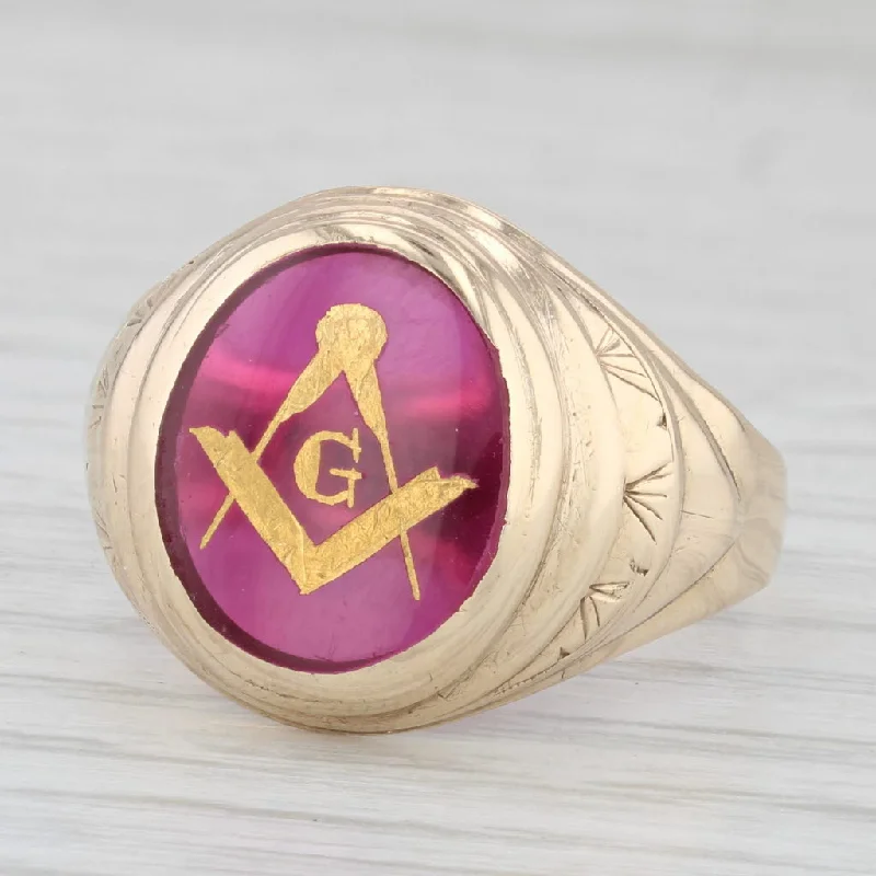 engagement rings with a twist design for women-Masonic Signet Ring Lab Created Ruby 10k Gold Blue Lodge Square Compass Sz 10.5