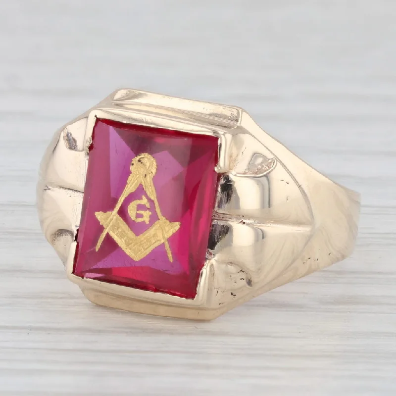 unique solitaire engagement rings for women-Masonic Signet Ring Lab Created Ruby 10k Gold Size 8.5 Blue Lodge Square Compass