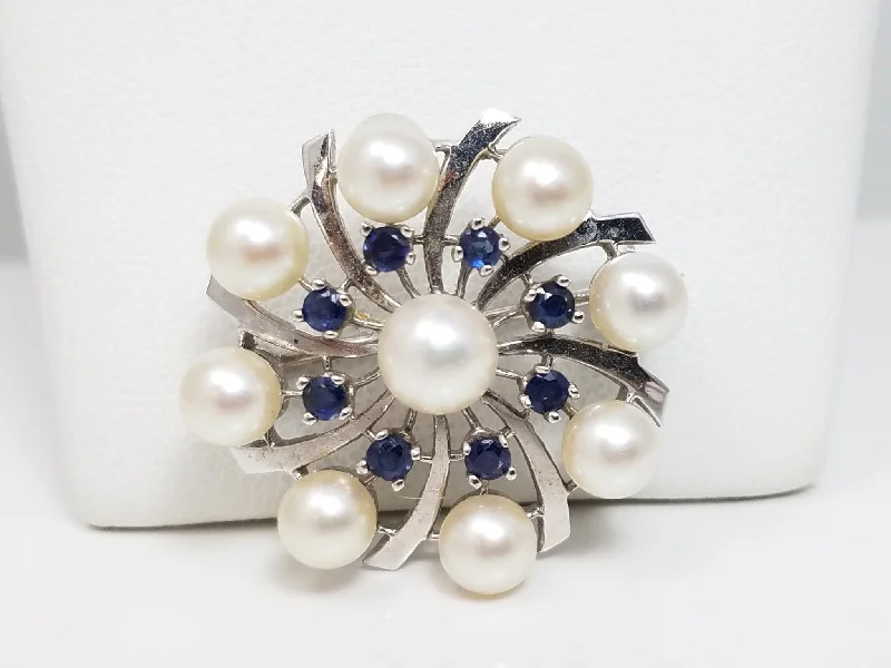 red brooches for women-Elegant Vintage 14k White Gold Natural Sapphire Cultured Pearl Brooch