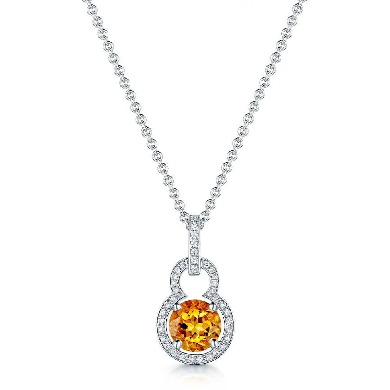 rose gold pendant necklaces for women-18ct White Gold Round Brilliant Cut Citrine with Diamond Set Fancy Surround Pendant