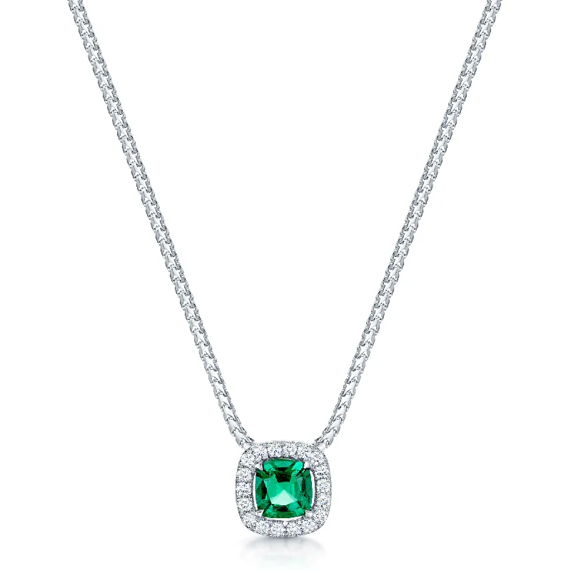 diamond necklaces for women-18ct White Gold Square Cut Emerald And Diamond Halo Pendant