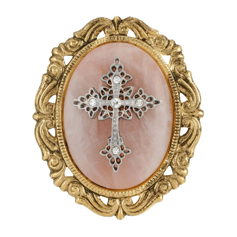 brooches with pearls for women-Symbols of Faith Oval Pendant with Cross Brooch