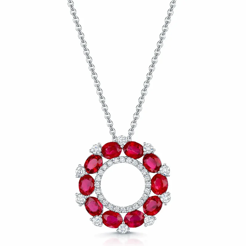 contemporary necklaces for women-18ct White Gold Ruby & Diamond Open Circle Pendant