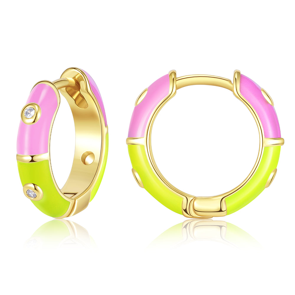 drop earrings for women-Dainty Dual-color Enamel Small Hoop Colorful Cute Huggie Earrings Color with Yellow-Pink