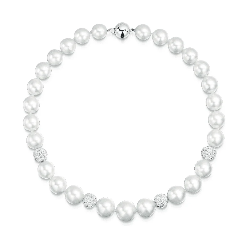 adjustable necklaces for women-18ct White Gold Graduated South Sea Pearl Necklet With Set Pave Set Diamond Spheres