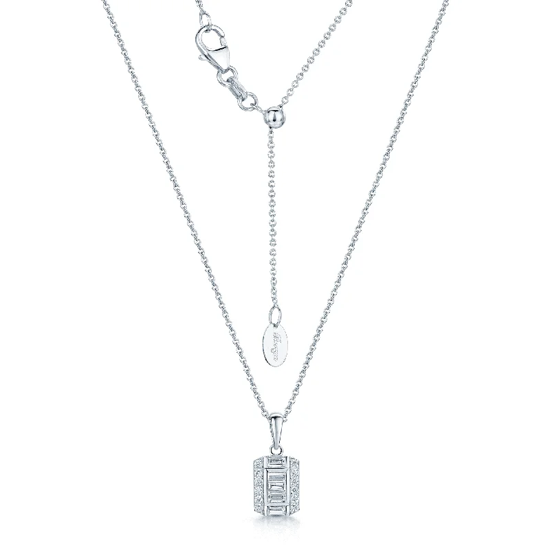 butterfly necklaces for women-18ct White Gold Round Brilliant And Baguette Cut Diamond Rectangular Cluster Pendant