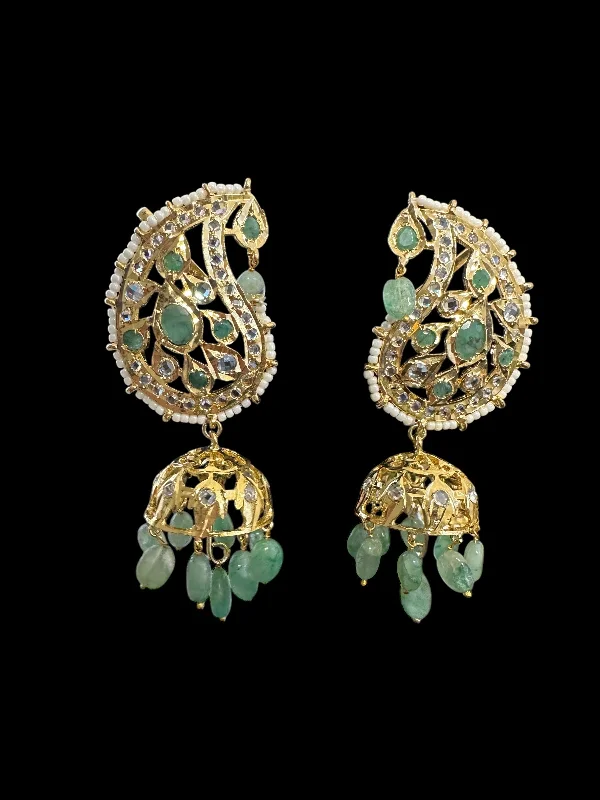 vintage-style earrings for women-DER726 Kaan phool jhumka earrings in emeralds  ( READY TO SHIP )