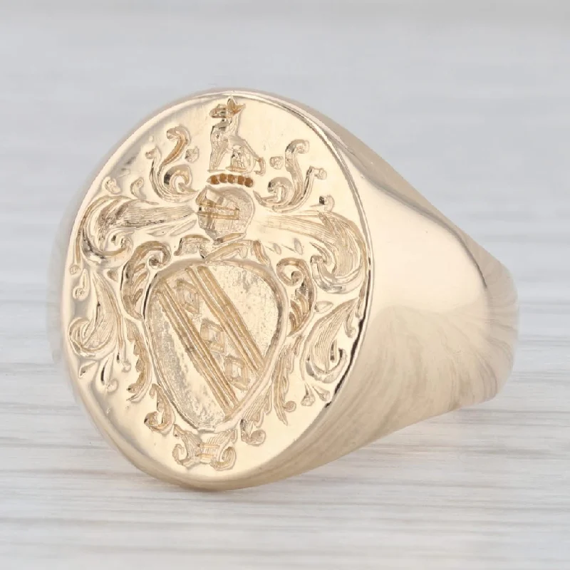 lab-created diamond engagement rings for women-Vintage Hand Engraved Coat of Arms Seal Signet Ring 14k Yellow Gold Size 8.75