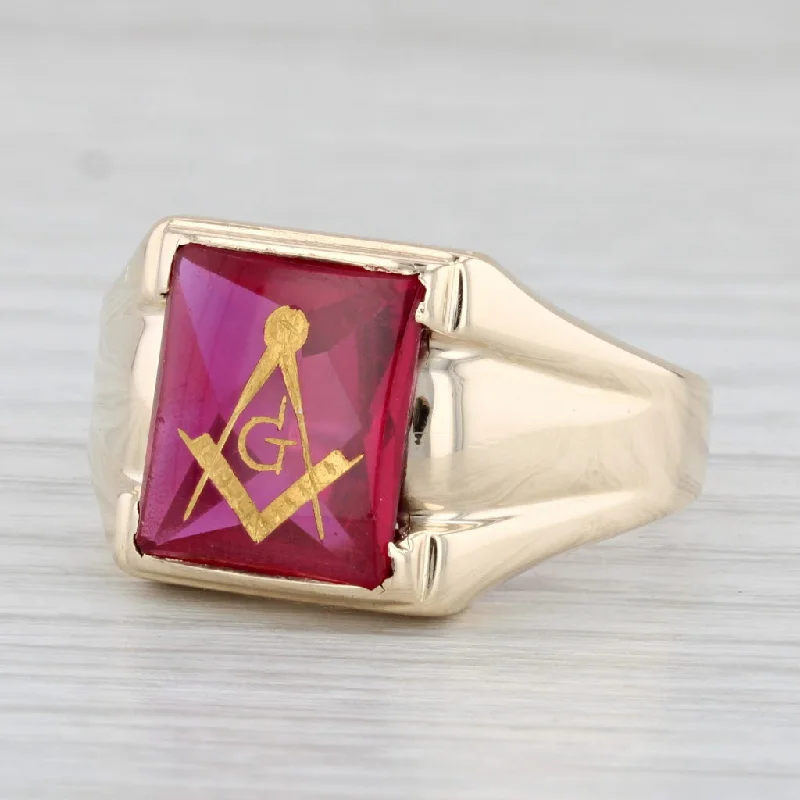 flower-shaped engagement rings for women-Masonic Blue Lodge Signet Ring Lab Created Ruby 10k Gold Square Compass Sz 12.5