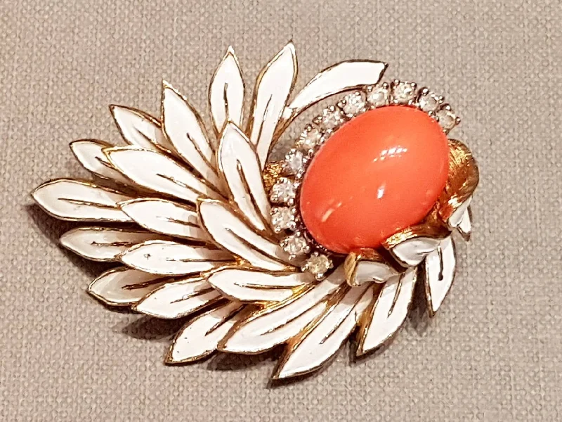 vintage rhinestone brooches for women-Jomaz Flower Leaf Brooch Coral White Crystal Vintage