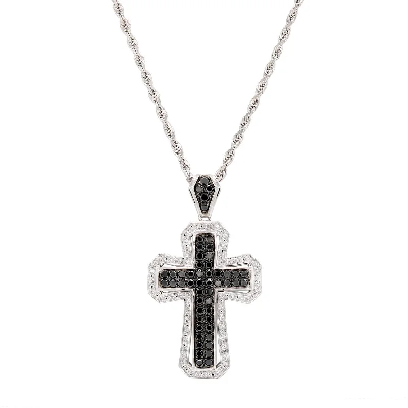 infinity symbol necklaces for women-WHITE GOLD CROSS PENDANT WITH WHITE AND BLACK DIAMONDS, 1.30 CT TW