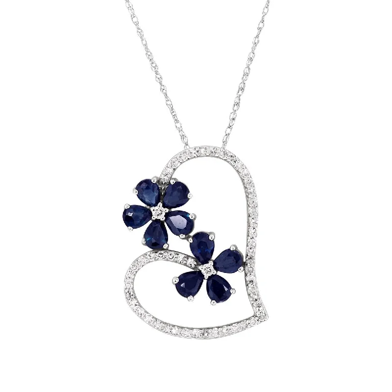 dainty gold necklaces for women-WHITE GOLD SAPPHIRE AND DIAMOND FLORAL HEART PENDANT, .27 CT TW