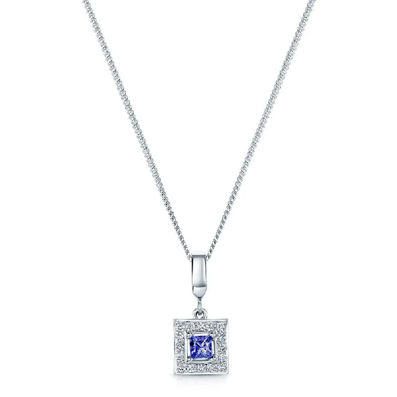 geometric necklaces for women-18ct White Gold Princess Cut Tanzanite And Diamond Square Pendant