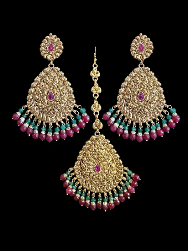 silver chandelier earrings for women-DJET501 Earrings tika in red green combination ( READY TO SHIP )