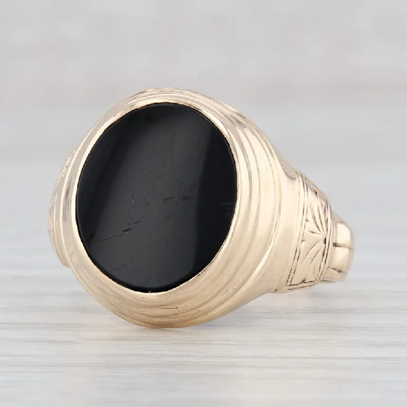 engagement rings with colored stones for women-Black Onyx Ring 10k Yellow Gold Oval Solitaire Signet Size 10