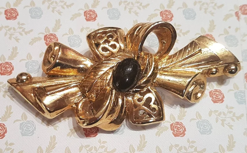 statement brooches for women-Gold Black Brooch  Statement Vintage Large Designer