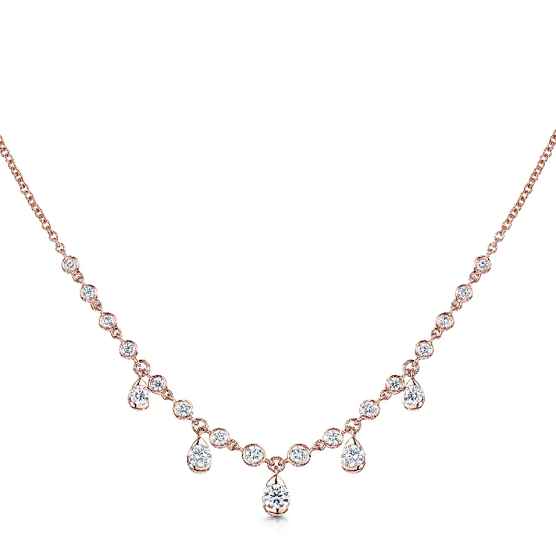 thick chain necklaces for women-18ct Rose Gold Rub Over Set Diamond Necklet With Five Diamond Drops