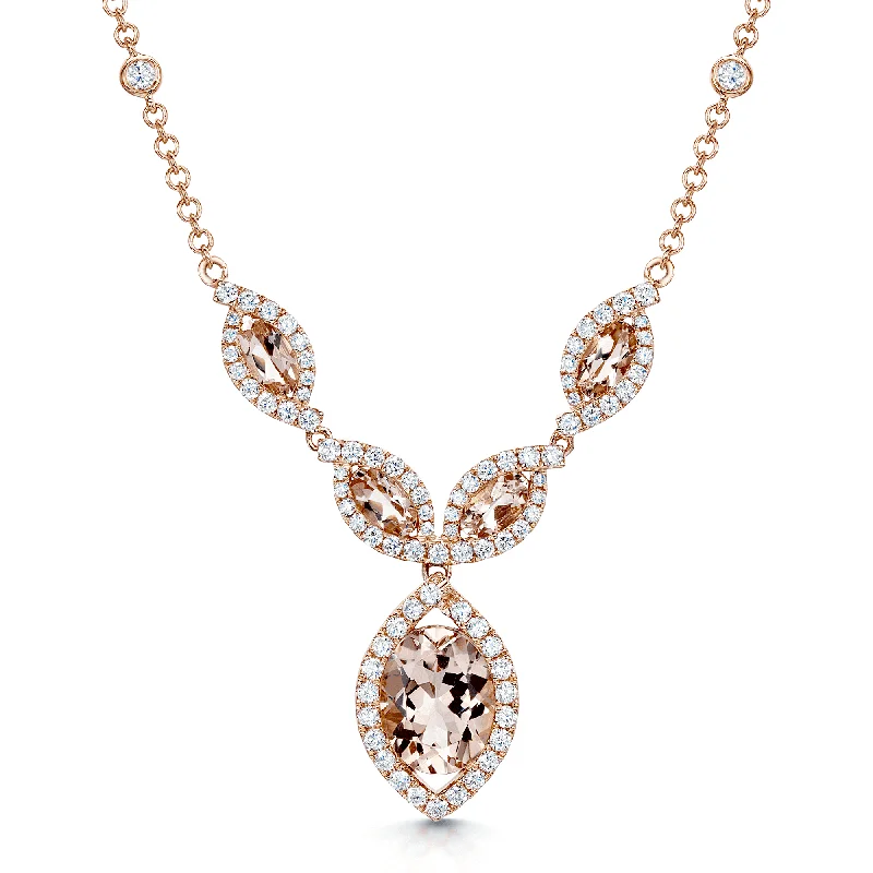 black diamond necklaces for women-18ct Rose Gold Morganite And Diamond Halo Set Fancy Necklet