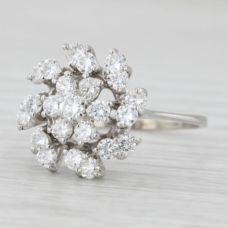 eco-friendly engagement rings for women-Vintage 1ctw Diamond Cluster Flower Ring 18k White Gold Size 9