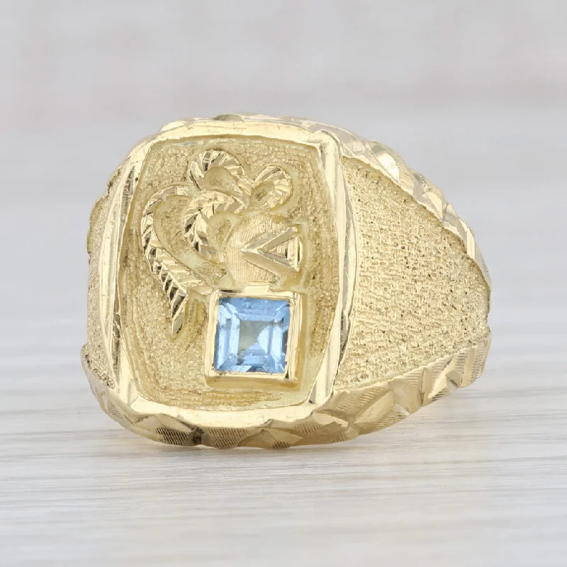 cluster engagement rings for women-Blue Lab Created Spinel Knight Signet Ring 18k Gold Coat of Arms Crest Size 8.5