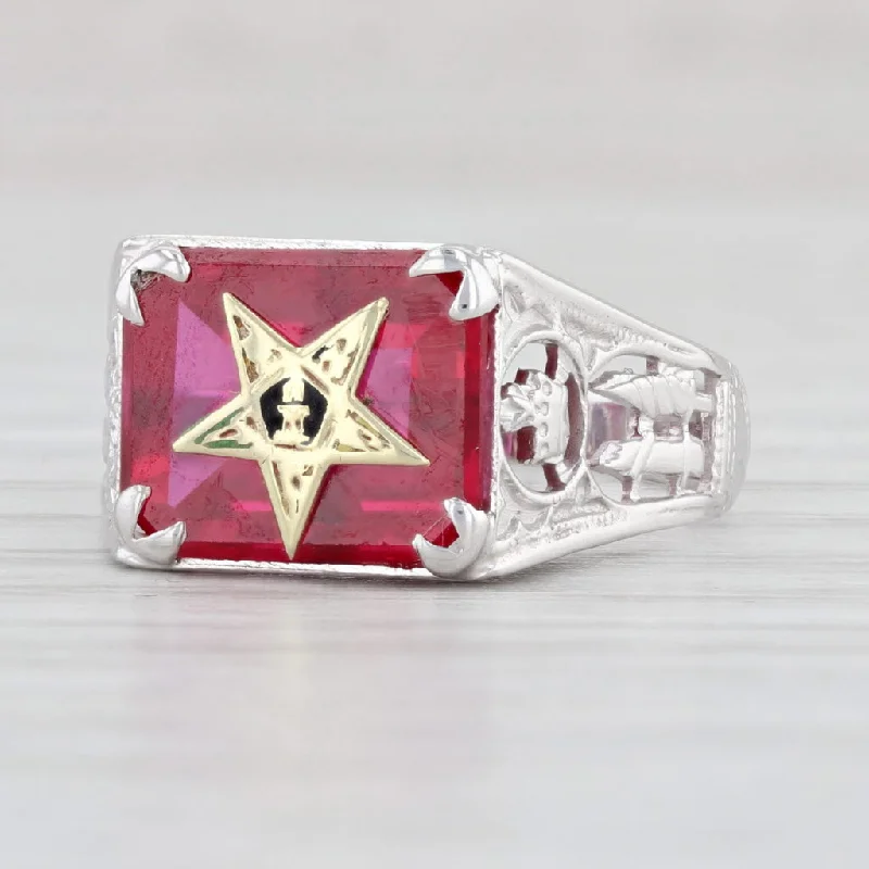 rose gold diamond engagement rings for women-Ornate Order Eastern Star Synthetic Ruby 14k White Gold Size 5.5 Masonic