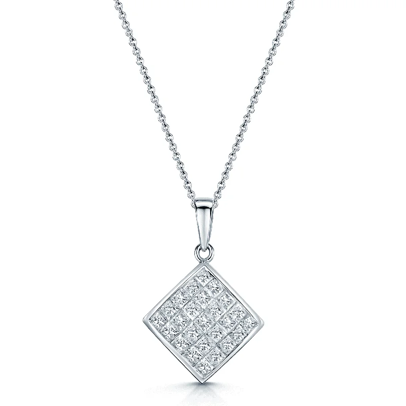 vintage pearl necklaces for women-18ct White Gold Princess Cut Diamond Pave Set Square Pendant