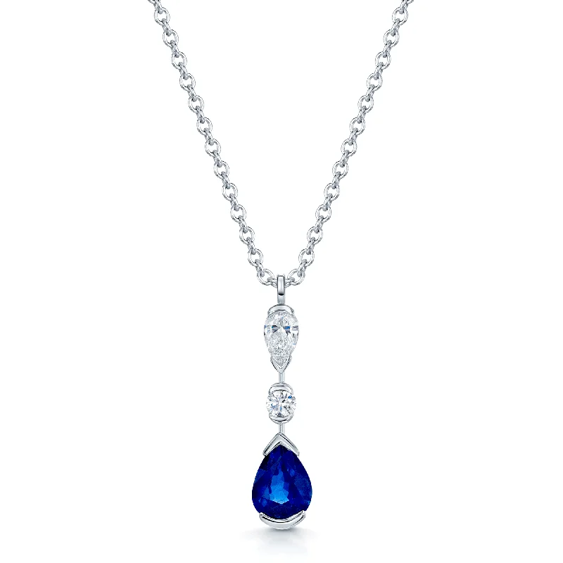 double heart necklaces for women-18ct White Gold Pear Cut Blue Sapphire And Diamond Drop Pendant