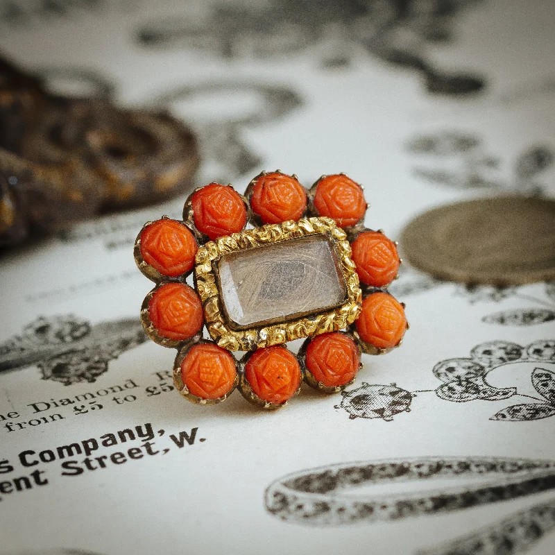 vintage-style brooches for women-Sentimental Antique Georgian Carved Coral Roses Hair Brooch