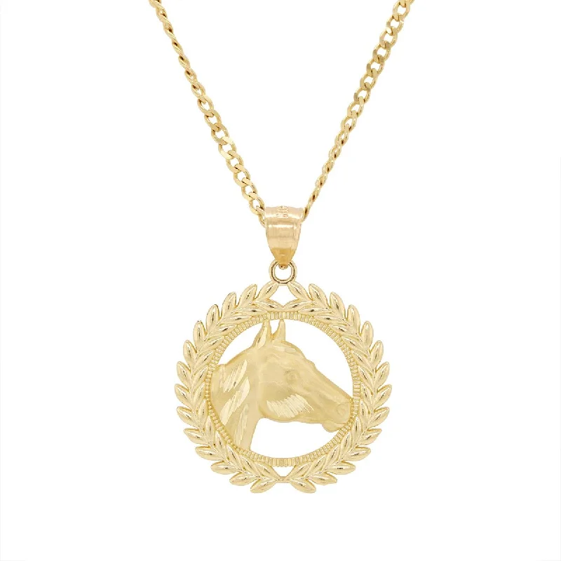 friendship necklaces for women-YELLOW GOLD CIRCLE HORSE CHARM PENDANT