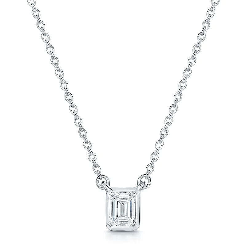 animal-shaped necklaces for women-18ct White Gold Emerald Cut Diamond 0.50ct Rub Over Pendant