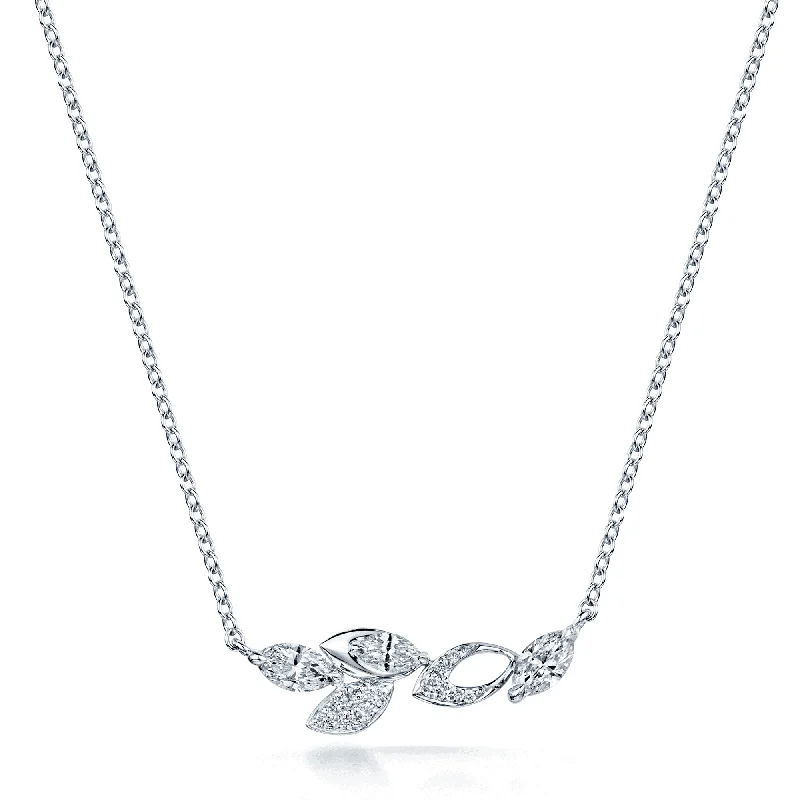 short chain necklaces for women-18ct White Gold Marquise & Round Brilliant Diamond Horizontal Leaf Pendant