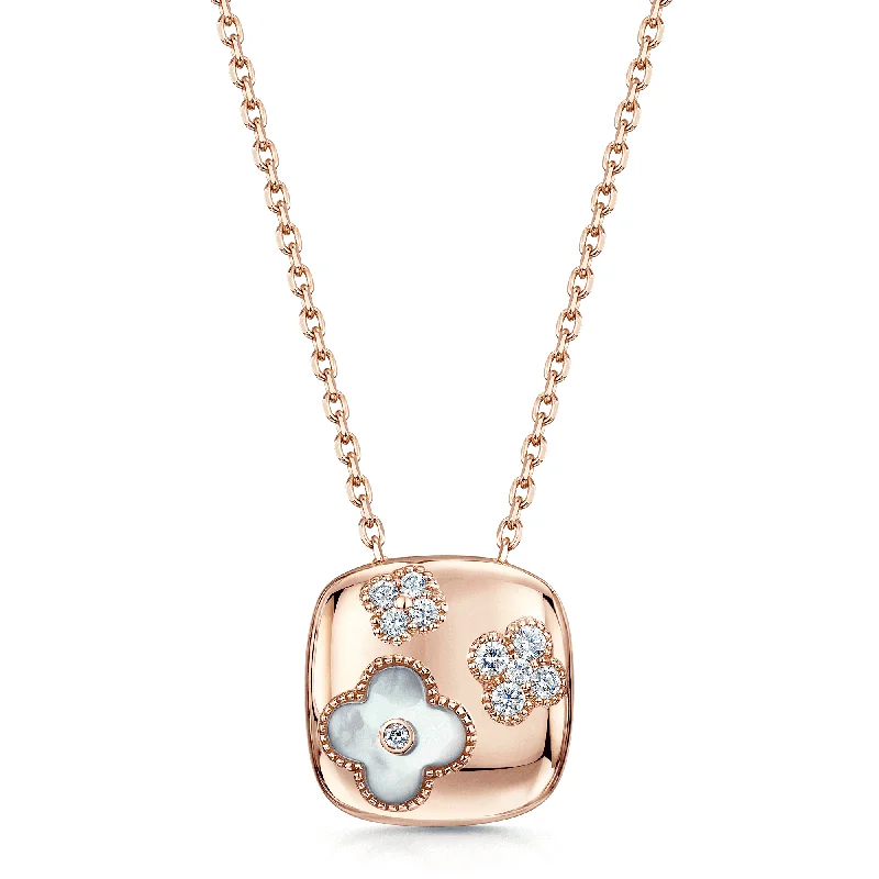 layered crystal necklaces for women-18ct Rose Gold Square Flower Pendant With Diamonds and Mother Of Pearl Flower