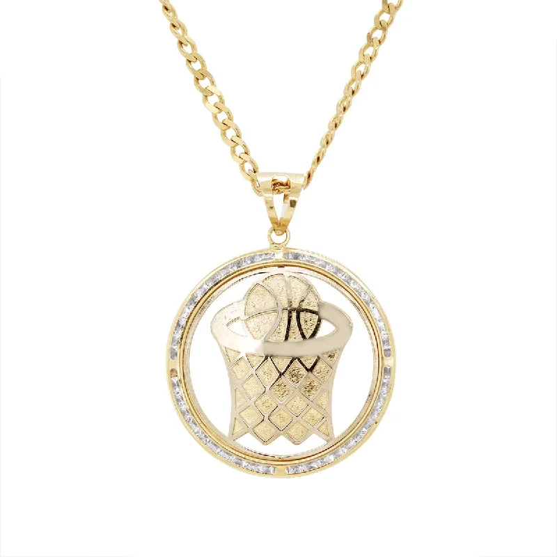 heart-shaped necklaces for women-YELLOW GOLD BASKETBALL HOOP CHARM PENDANT