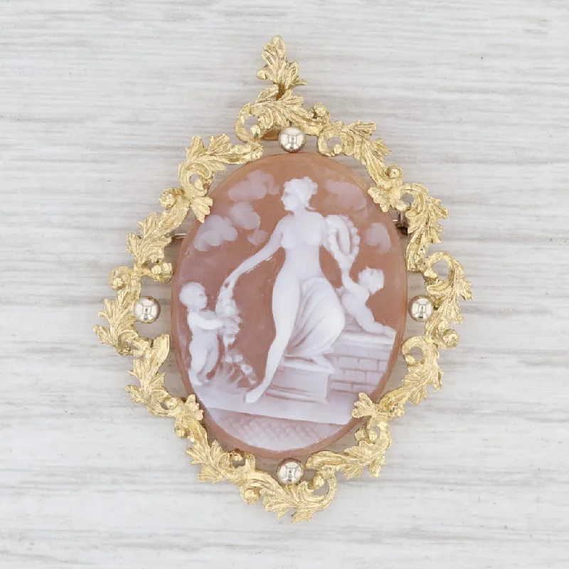 summer brooches for women-Figural Carved Shell Cameo Pendant Brooch 10k Gold Floral Wreath Woman Children