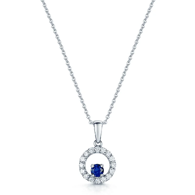 modern necklaces for women-18ct White Gold Diamond Open Circle Pendant Set With A Single Round Blue Sapphire