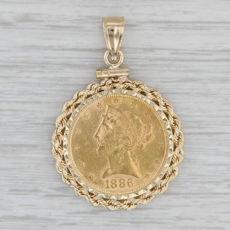 cluster engagement rings for women-Authentic 1886 5 Dollar Liberty Coin Pendant 14k Bezel 900 Coin Yellow Gold