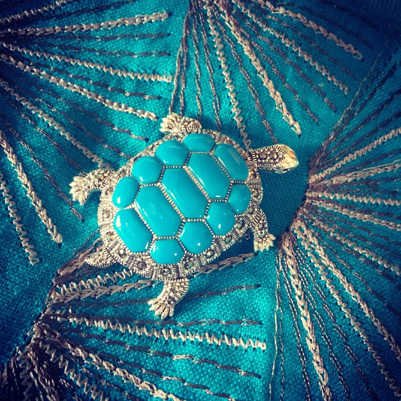 personalized brooches for women-Turquoise Tortoise Brooch Silver Marcasite