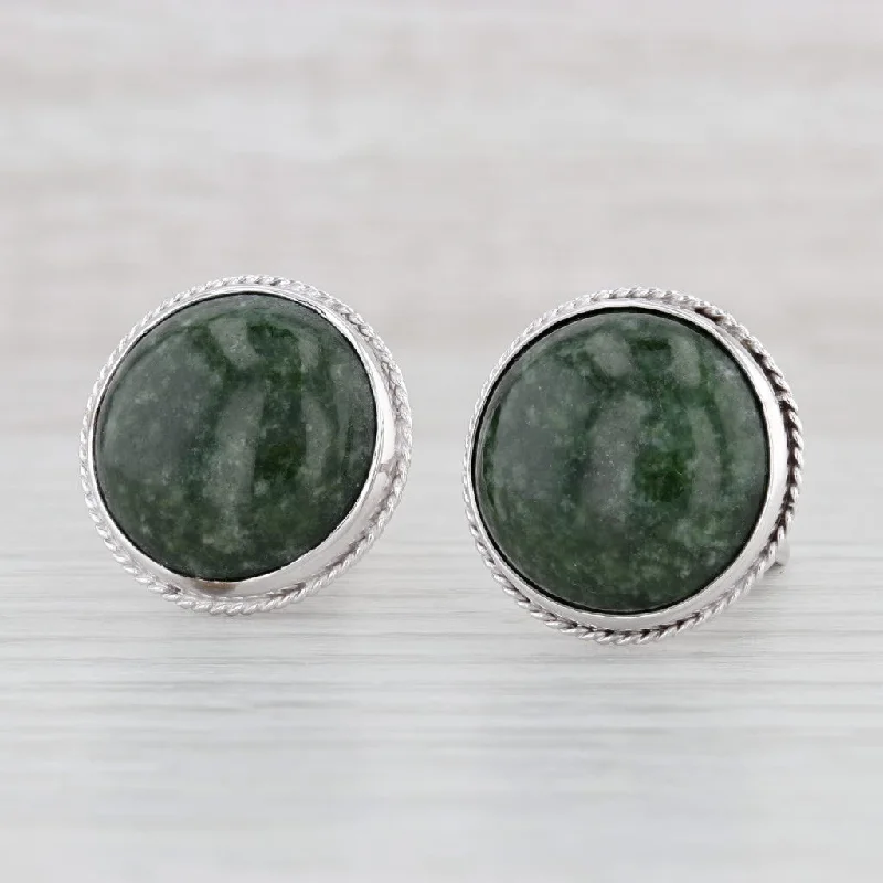 sapphire engagement rings with diamonds for women-Green Nephrite Jade Cufflinks 14k White Gold Suit Accessories Round Cabochon