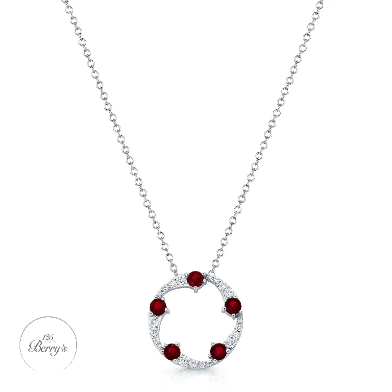 infinity love necklaces for women-OPEIA Collection 18ct White Gold Ruby And Diamond Fancy Circle Pendant With Chain