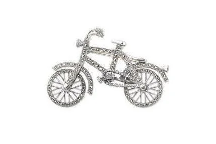 wedding dress brooches for women-Silver Marcasite Bicycle Brooch Bike with moving wheels