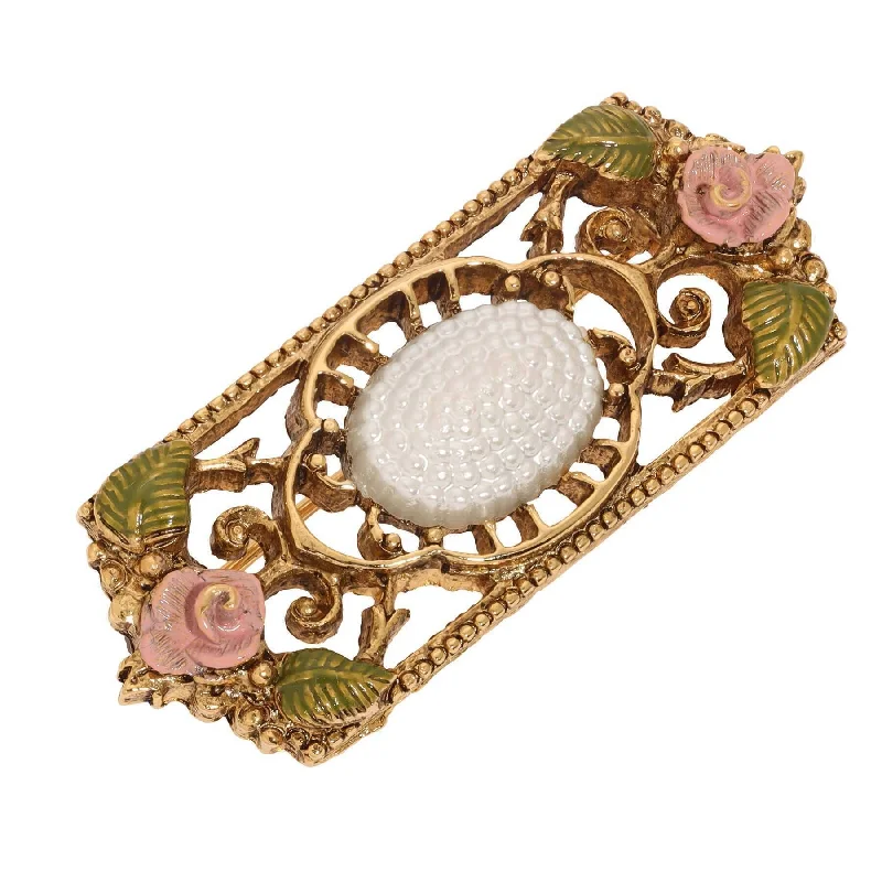 enamel brooches for women-1928 Jewelry Pearly Eden Pink Rose Enamel Faux Pearl Filigree Brooch