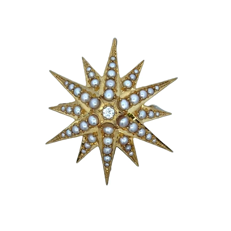 gold-plated brooches for women-Antique Victorian Seed Pearl and Diamond Starburst Brooch / Pendant in 18k Yellow Gold