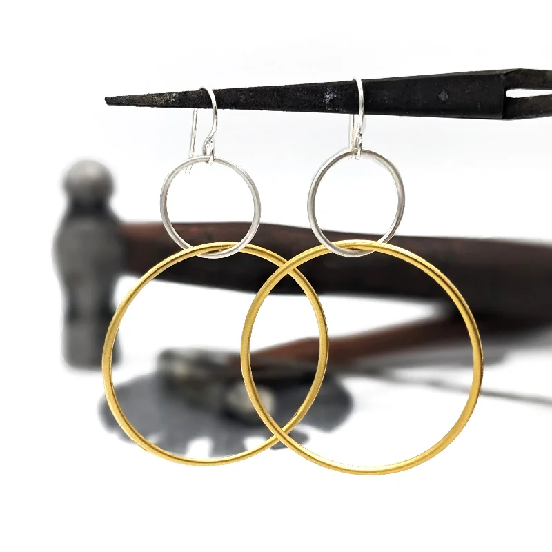 statement earrings for women-Double Hoops Earrings in Mixed Metal - Sterling Silver and Gold Dip