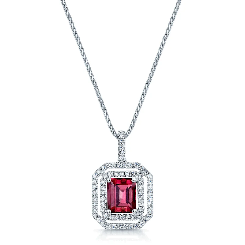 personalized necklaces for women-18ct White Gold Rectangular Pink Tourmaline And Diamond Double Halo Pendant