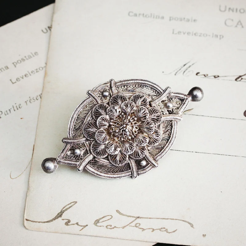 seasonal brooches for women-Finest Antique Silver Filigree Brooch