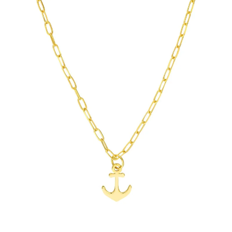 double heart necklaces for women-YELLOW GOLD ANCHOR PENDANT WITH PAPERCLIP CHAIN