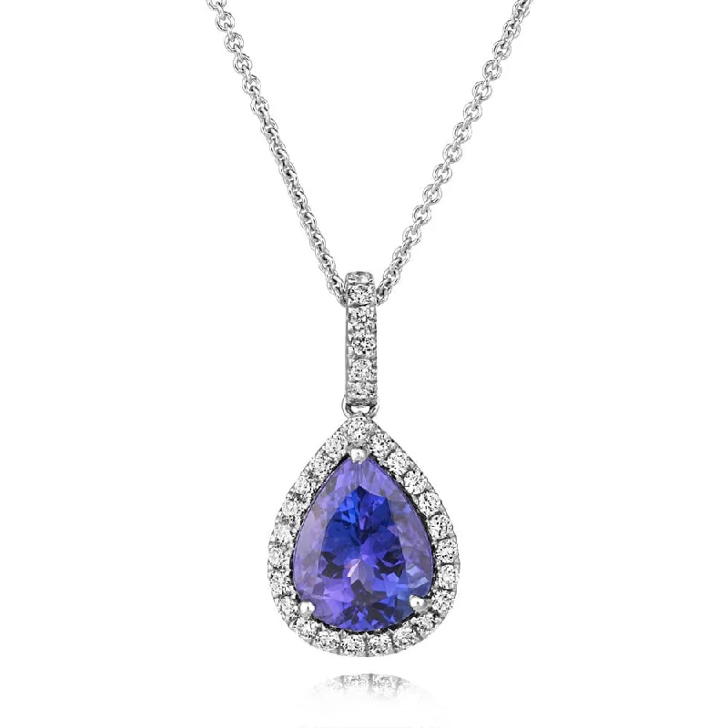 emerald necklaces for women-18ct White Gold Pear Shaped Tanzanite & Diamond Cluster Pendant