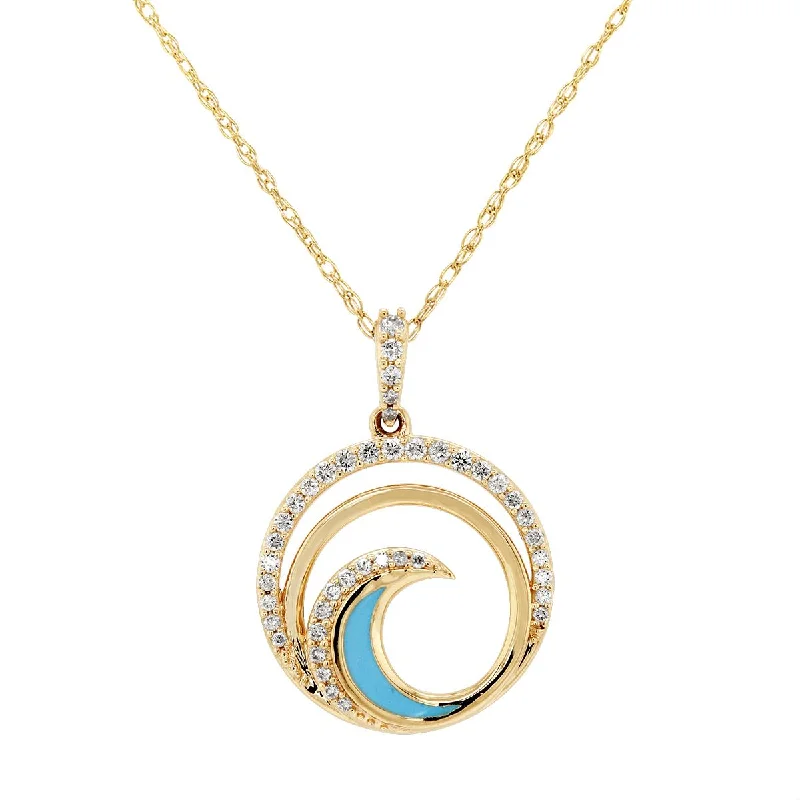 cross necklaces for women-YELLOW GOLD CIRCLE PENDANT WITH BLUE WAVE AND DIAMONDS, .20 CT TW