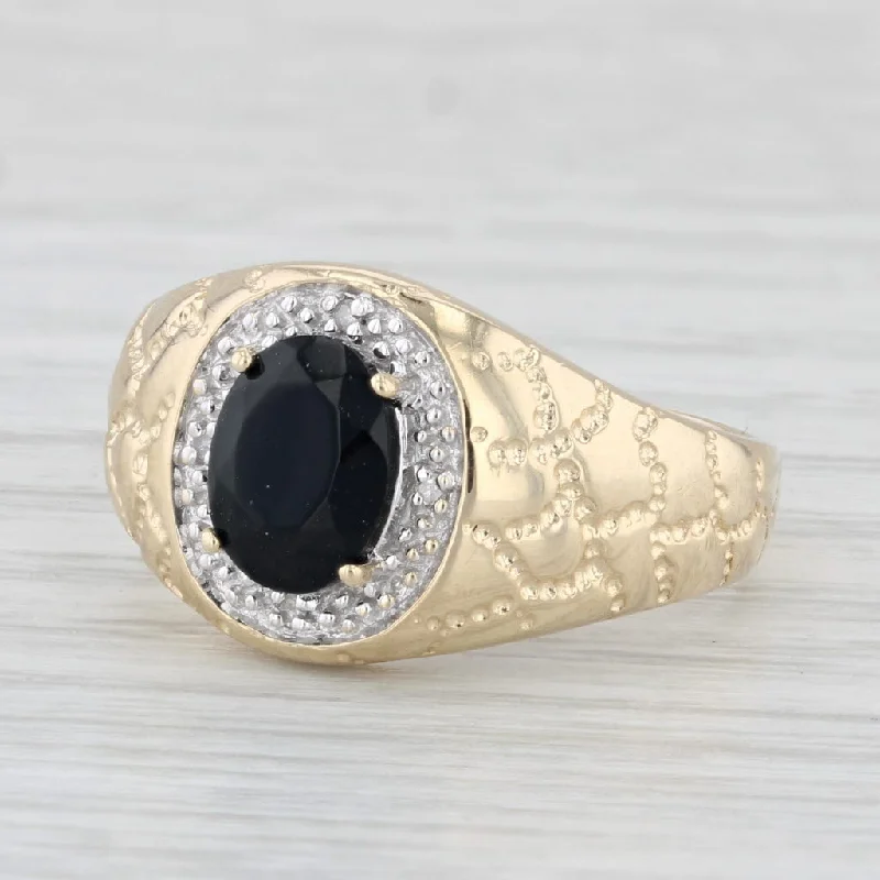 square-cut engagement rings for women-Onyx Diamond Halo Ring 10k Yellow Gold Nugget Band Size 8.75